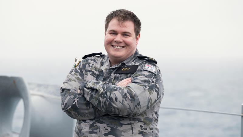 Royal Australian Navy sailor Leading Seaman Jarryd Dart on board HMAS Canberra in transit to Wellington, New Zealand.