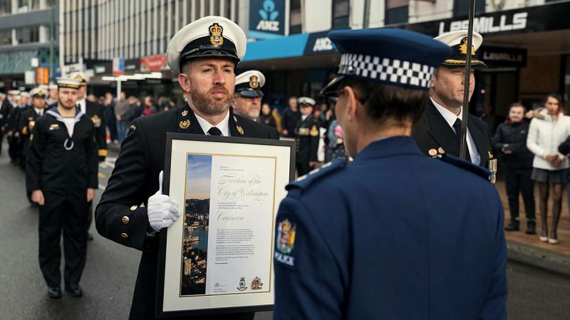 Ship's company of HMAS Canberra exercise their freedom-of-entry through the streets of Wellington, New Zealand, during HMAS Canberra's port visit. 