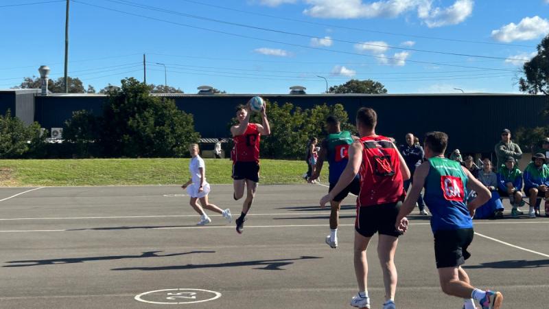 Australian Army Blackhawks captain Corporal Chris Lawry catches the ball mid-flight during the NSW HART State Titles in Sydney.