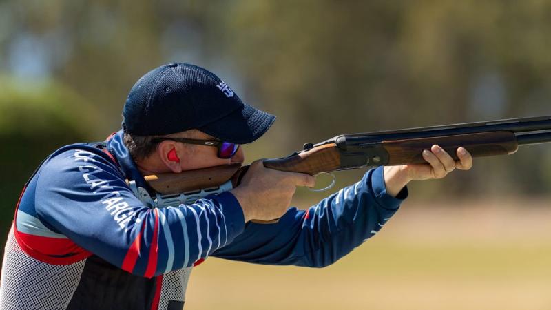Australian Army officer Lieutenant Colonel Aaron Deans takes a shot at the 2025 NSW State Skeet Carnival in Wagga Wagga.