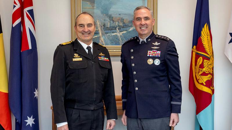 Chief of the Defence Force Admiral David Johnston, welcomes Commander US Space Command, General Stephen Whiting, to Russell offices in Canberra. 