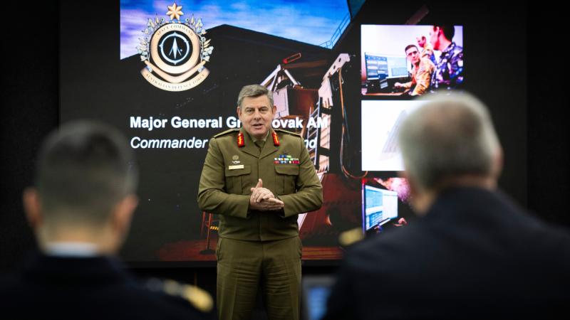 Commander Space Command, Major General Gregory Novak, addresses the Combined Space Operations Initiative Policy and Legal Working Group in Canberra.