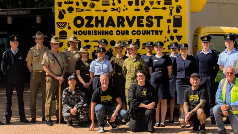OzHarvest and ADFA Trainee Officers and staff members participating in Can the Cube donation drive.