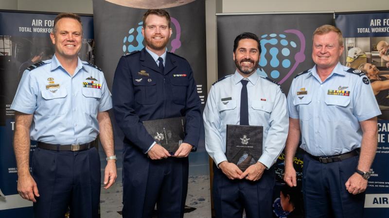 Chief of Air Force Air Marshal Stephen Chappell, Corporal Matthew Thornton, Flight Lieutenant Edwin Betar and Warrant Officer of the Air Force Ralph Clifton at the Air Force writing awards presentation.