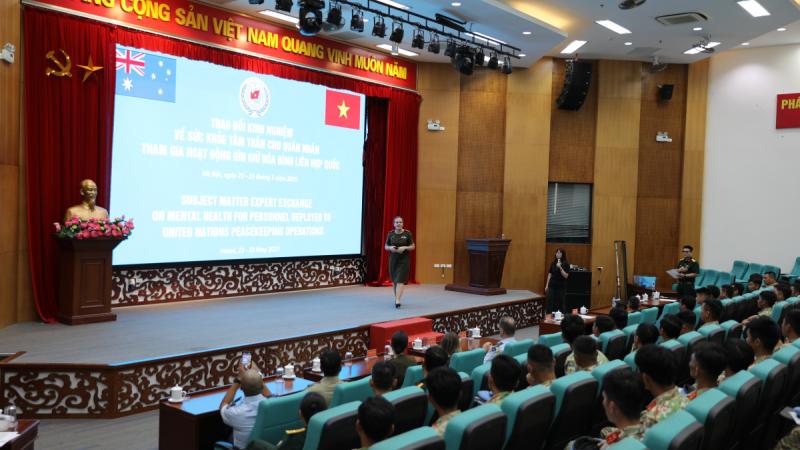 Commander Indo-Pacific Endeavour 2025, Brigadier Jennifer Harris, addressed Vietnamese People's Army engineers on the fourth and final day of mental health training in Hanoi.