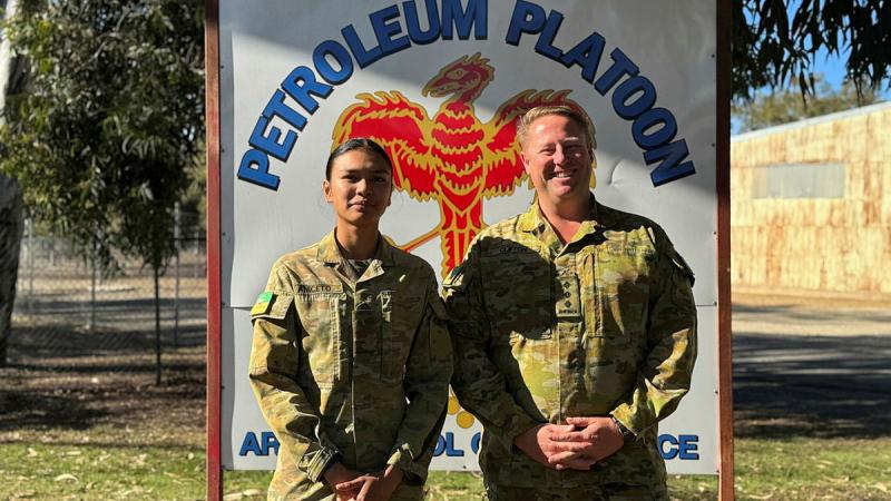 Private Bernadete Aniceto, right, with Army School of Ordnance Training and Development Wing 2IC, Captain Ben Clifton at Army Logistic Training Centre, Bandiana. 