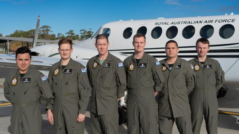 Airborne Electronics Analysts students at the Air Mission Training School. From left, Aircraftman Andres Anzola Sanmiguel, Aircraftman Jayden Fellas, Aircraftman Colin Curtis, Leading Aircraftman Dylan Livingstone, Aircraftman Andrey Ozborn and Aircraftman Clay Smith.