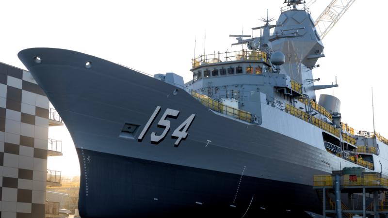 HMAS Parramatta prepares to undock at the BAE Systems shipyard in Henderson, Western Australia.