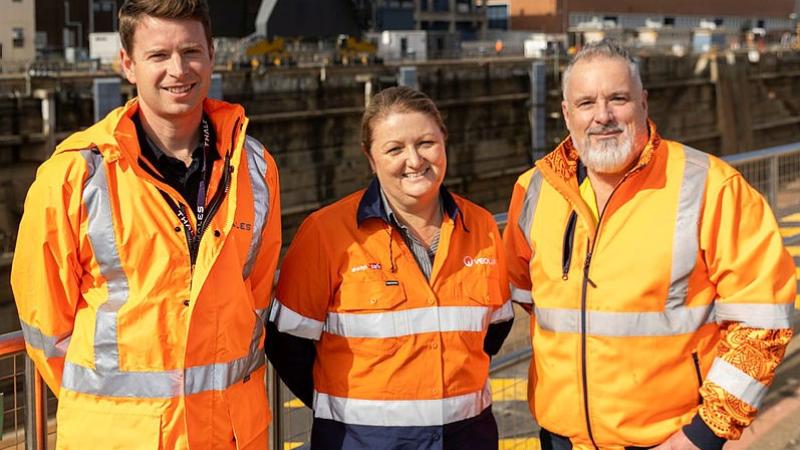 Regional Maintenance Centre - East representative, Cris Circuta, Veolia representative, Linda Gater and Regional Maintenance Provider - East representative, Chris Gaskin at Fleet Base East, Sydney, NSW. 