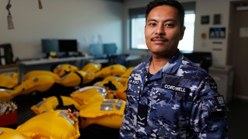 Air Force aviation life support equipment technician Leading Aircraftman Ray Cordwell is responsible for inspecting, servicing and replacing aircraft safety and survival kit.