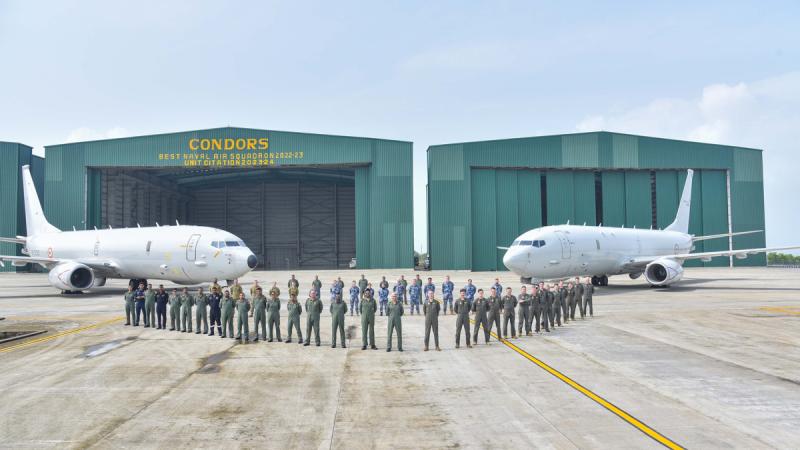 Members of RAAF P-8A Poseidon detachment from 11 Squadron with Indian Navy P-8I Neptune and members of Indian Naval Air Squadron 316 'Condors' during Operation Highmast.