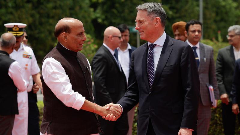 Indian Minister of Defence Shri Rajnath Singh welcomes Deputy Prime Minister and Minister for Defence Richard Marles to a bilateral meeting in New Delhi, India.