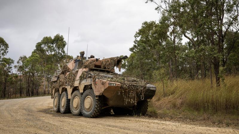 Battlegroup Warhorse Boxer combat reconnaissance vehicle, from 2nd/14th Light Horse Regiment (Queensland Mounted Infantry), during the South Queensland Warfighter Exercise at Shoalwater Bay, Queensland.