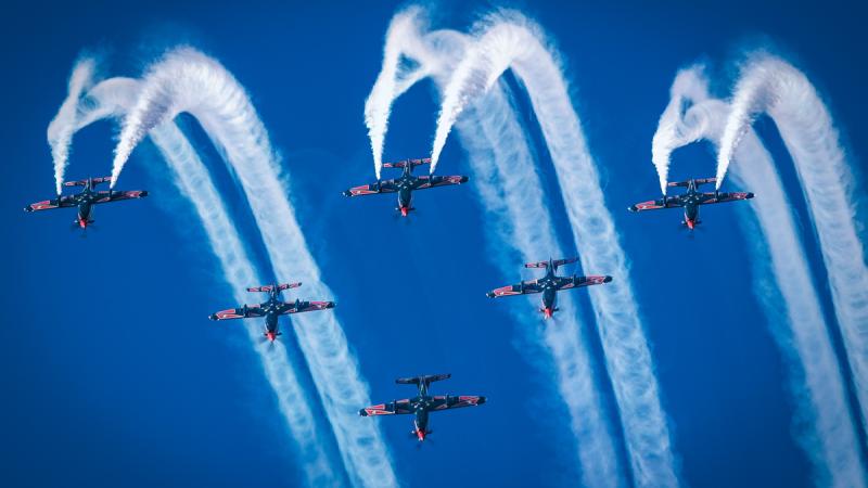 Air Force Roulettes overhead RAAF Base Point Cook to take part in the RAAF Museum's interactive flying display.