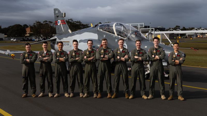 A line-up of 10 recently graduated Air Force pilots from 76 Squadron Introductory Fighter Course at RAAF Base Williamtown, NSW.