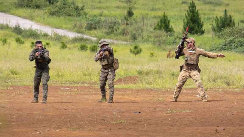Australian Army reconnnaissance soldiers practise break-contact drills with their Philippine Army counterparts during joint training at Camp Kibaritan in Northern Mindanao.