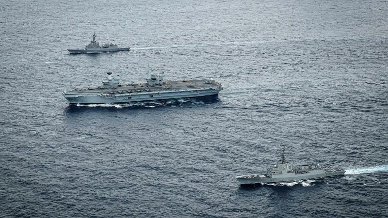 Royal Navy and UK Carrier Strike Group flagship HMS Prince of Wales, Spanish warship SNS Mendez Nunez and Australian warship HMAS Sydney sail together during Operation Highmast. Photo: Leading Photographer Bill Spurr