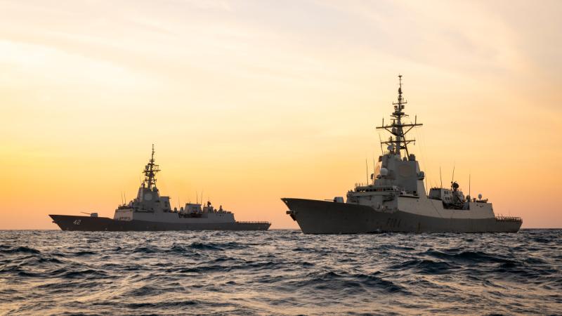 HMAS Sydney and Spanish Navy frigate Mendez Nunez conduct officer-of-the-watch manoeuvres during Regional Presence Deployment 25-2.