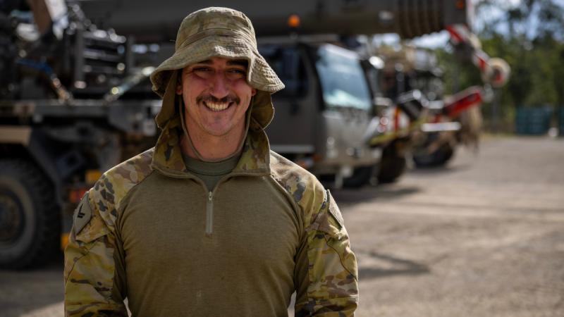 Army cargo specialist Corporal Jared Basso, from 10th Forces Support Battalion, prepares at Shoalwater Bay Training Area for Exercise Talisman Sabre.