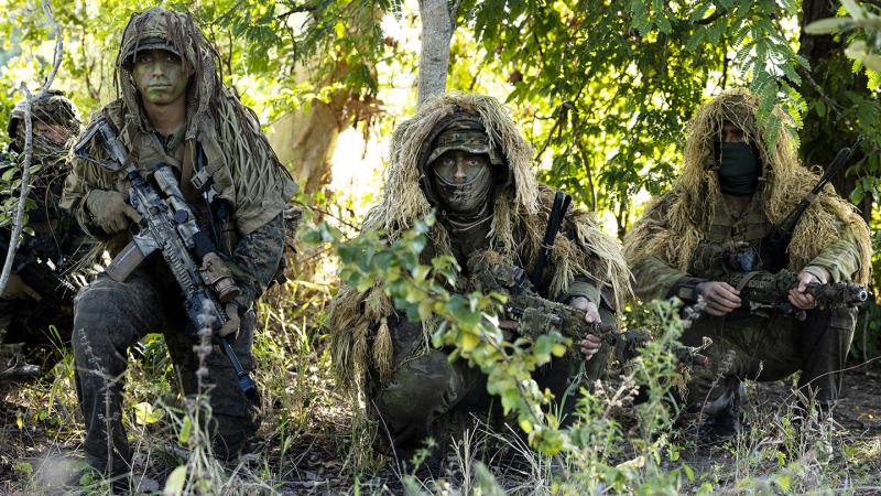 Soldiers in camouflage kneel in the bush. 