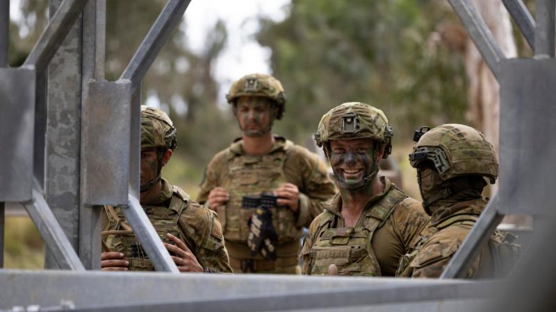 Australian Army soldier Sapper Mitchell Yeo, from 6th Engineer Support Regiment, helps construction of a Fixed Modular Bridge at Townsville Field Training Area during Exercise Talisman Sabre.