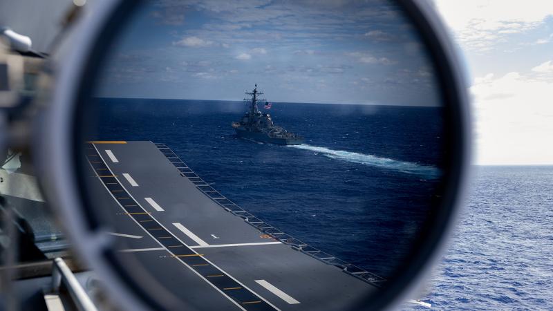 USS Higgins sailing in the Pacific Ocean. 