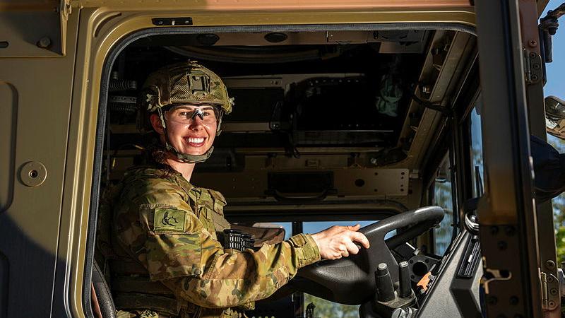 Army Reserve soldier Private Sian O'Connor, from 4th Combat Service Support Battalion, drives a Rheinmetall MAN 40M truck at Robertson Barracks in Darwin during Exercise Talisman Sabre 2025.