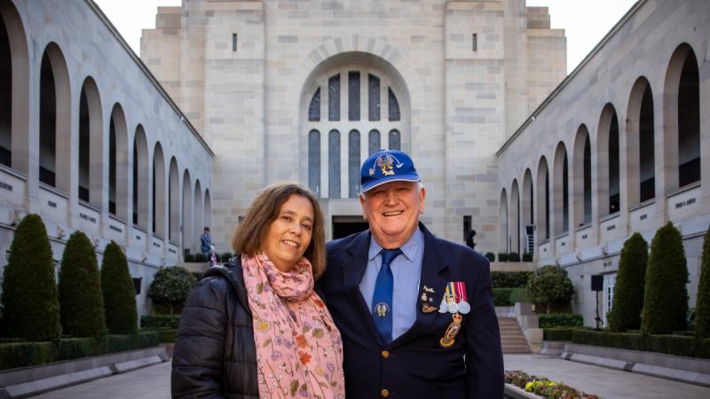 Suanne Prager, airlifted to Australia under Operation Babylift as a child, meets 37 Squadron Association president Col Coyne at the Australian War Memorial, Canberra.
