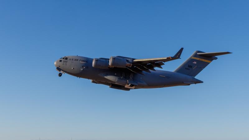 A plane takes off. 