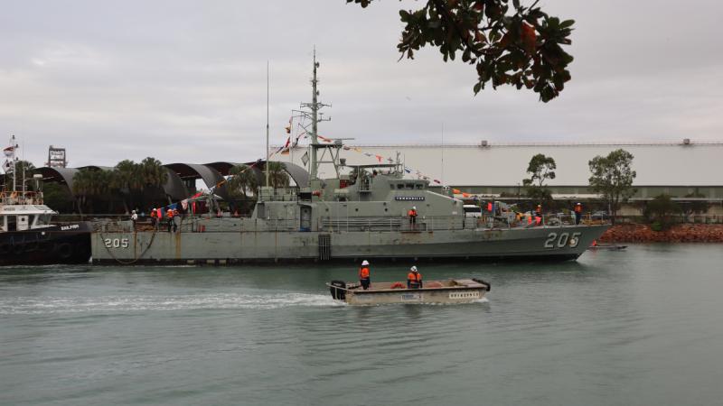 Former Royal Australian Navy patrol boat HMAS Townsville made her final journey to her new home at the Townsville Maritime Museum.