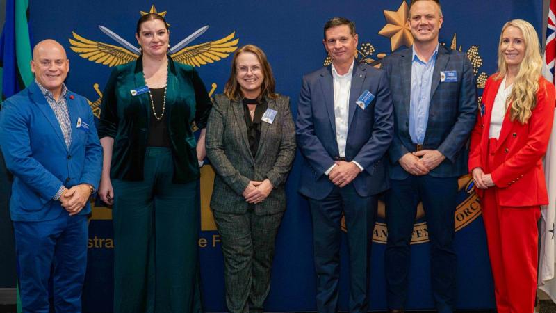 Commander Australian Defence College, Rear Admiral James Lybrand, former First Assistant Secretary Defence Performance Task Force, Teresa Blair, Chief of Personnel, Lieutenant General Natasha Fox, AO, Chief of Navy, Vice Admiral Mark Hammond, Chief of Air Force Air Marshal Stephen Chappell, and Commandant Australian War College Brigadier Lara Troy at the AWC alumni function.