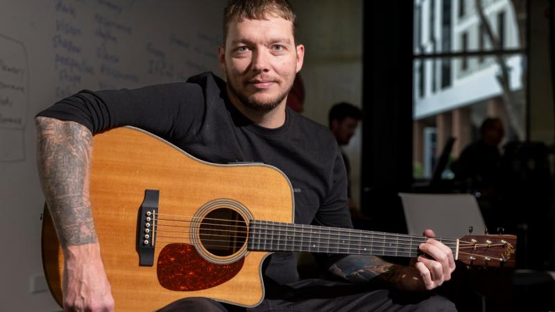 Private Corey Sharp enjoys a music and rhythm class at the Arts for Recovery, Resilience, Teamwork and Skills program at the University of Canberra.