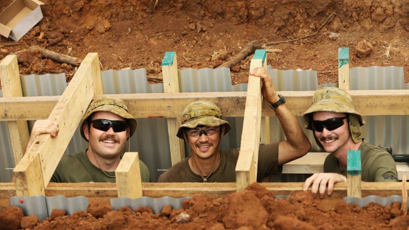 Three Australian Army trade apprentices work on the underground Command Post for Exercise Talisman Sabre. 