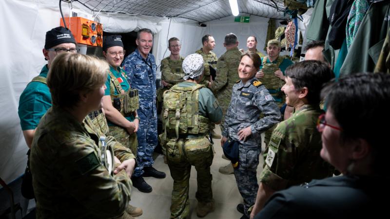 Surgeon General of the Australian Defence Force, Rear Admiral Sonya Bennett, centre right, AM, and VIP visitors view inside the 2nd Health Battalion's Role 2E at Camp Tilpal in Shoalwater Bay as part of Exercise Talisman Sabre 2025.