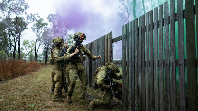 Soldiers from the 3rd Combat Engineer Regiment conduct an assault at Line Creek Junction during Exercise Talisman Sabre.