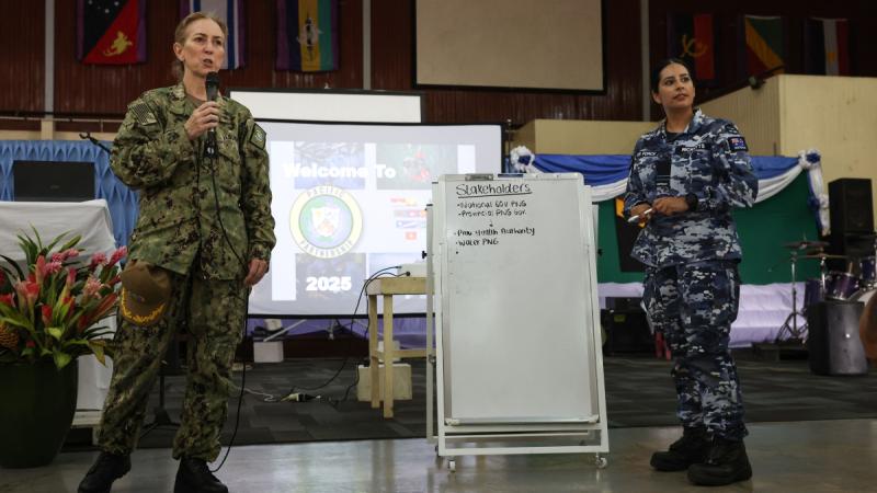US Navy Commander Laura Gilstrap and Royal Australian Air Force Flight Lieutenant Kimi Ricketts present during a provincial disaster workshop at Christian Revival Crusade church in Lae, Papua New Guinea.