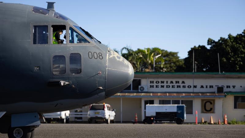 A C-27J Spartan on the tarmac at Honiara, in the Solomon Islands.
