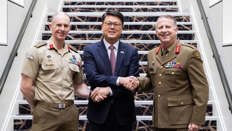 Head of Advanced Strategic Capabilities Accelerator, Major General Hugh Meggitt, Deputy Minister of Military Resource Management Hyunki Cho, and Head of Land Systems, Capability Acquisition and Sustainment Group, Major General Jason Blain at the ROK-AUS conference.