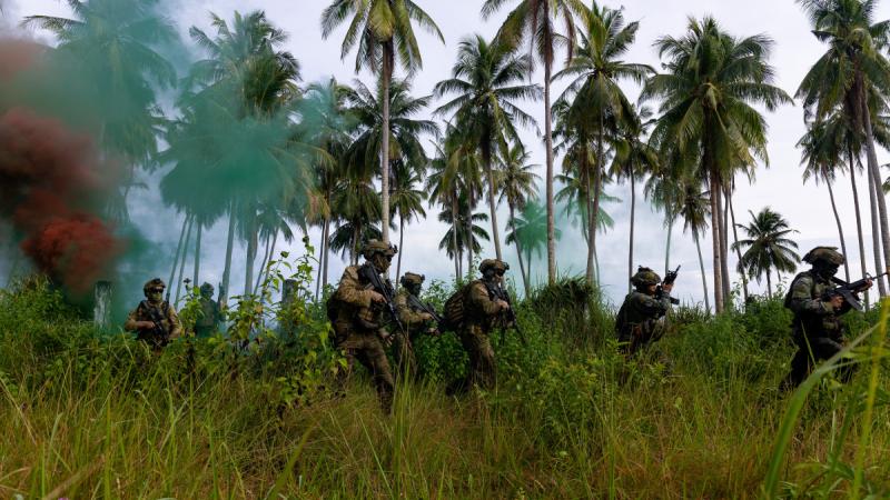 Alt text: A group of soldiers walk through a jungle filled with red and green smoke.