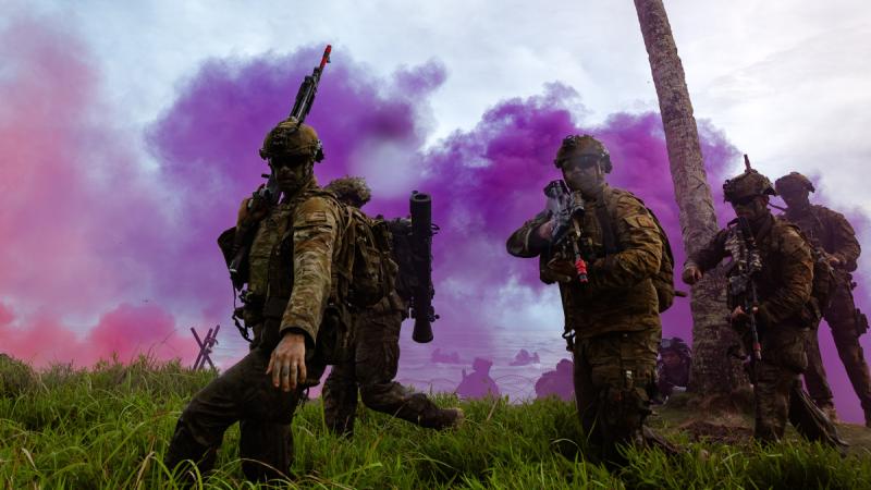 Australian soldiers walk through knee-high grass as purple smoke billows behind them, shrouding the soldiers still arriving on the beach.