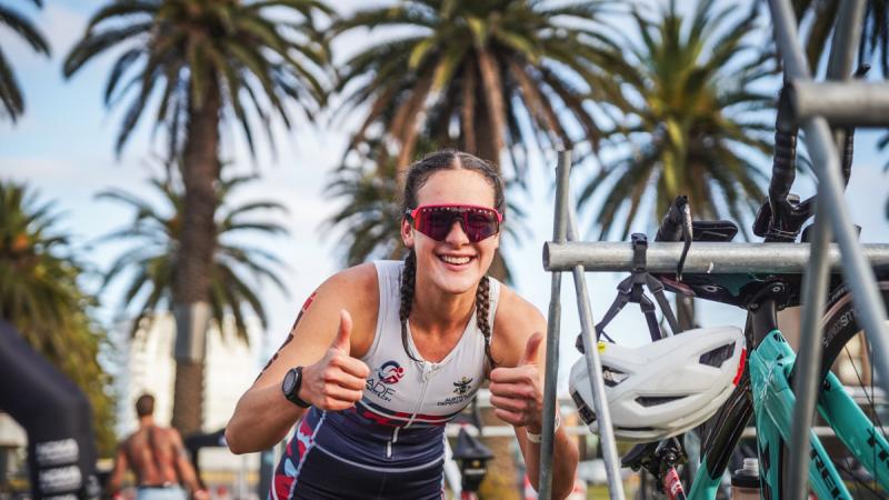 Air Force Flying Officer Annabelle Savage competes in an Ironman competition.