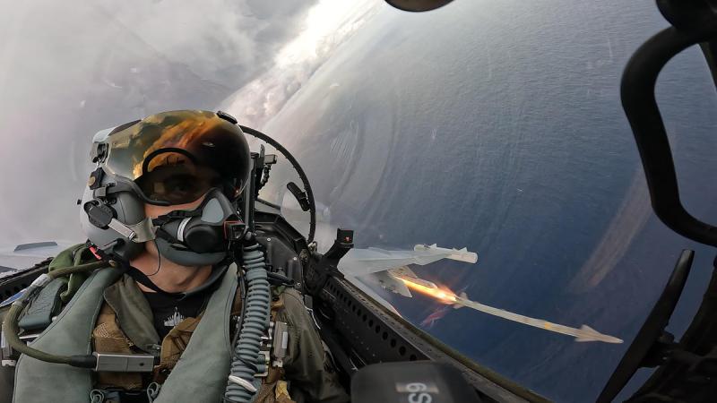 A RAAF EA-18G Growler crew fires an AIM-9X Sidewinder (Block II) missile at a BQM-74E aerial target during Exercise Archer 2025.