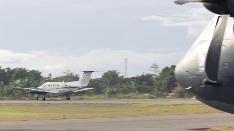 King Air aircraft takes off from Honiara airport, Solomon Islands.