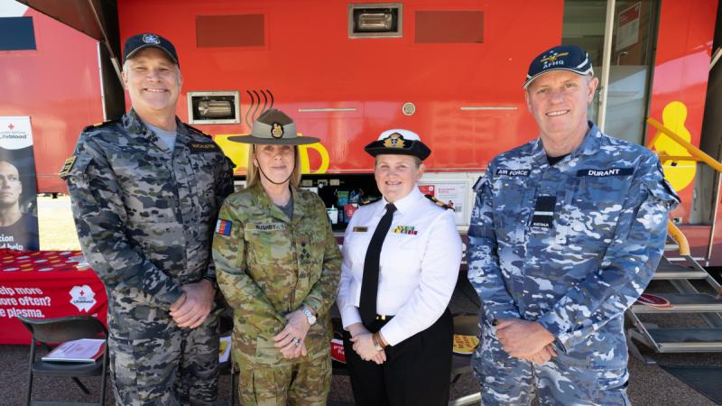Commodore Andrew Macalister, Brigadier Toni Bushby, Commodore Kate Tindall and Air Commodore Michael Durant at the launch of the 2025 Defence Blood Drive in Canberra.