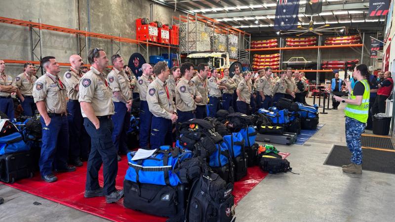 23 Squadron Air Movements personnel assist the Queensland Fire Department's Disaster Assist and Response Team to prepare for an international response from RAAF Base Amberley. 