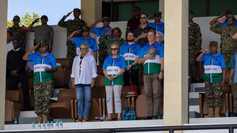 People standing up straight, many saluting in the stands, of a sports stadium.