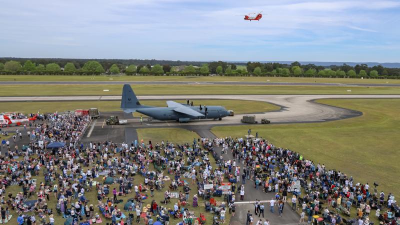 A Rural Fire Service Chinook flying display at the RAAF Richmond Air Show 2025.