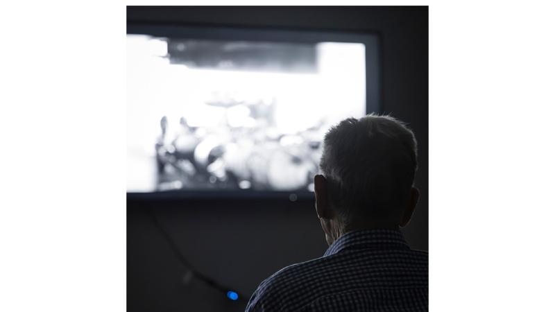 A back of the head view of a man watching a movie.