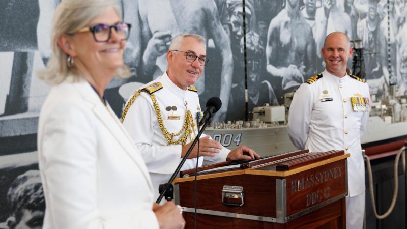 Governor-General Sam Mostyn, Rear Admiral Chris Smith and Commander Ben Weller present the Duke of Gloucester Cup to the crew of HMAS Sydney. 