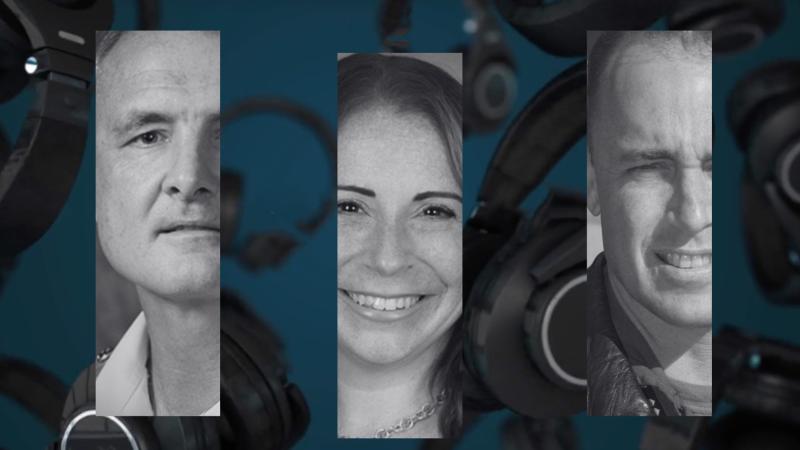 Promotional cover shot for a podcast featuring the faces of two men and a woman.